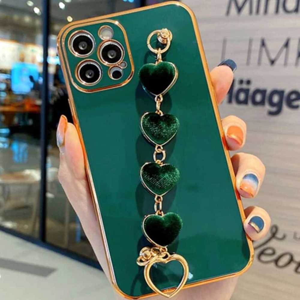 1pc iPhone 15Pro Solid Color Plated Edge Plush Heart Bracelet Phone Case